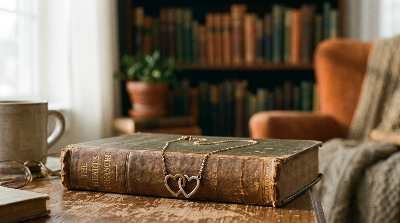 A two-hearts name necklace resting on an old book in soft morning light