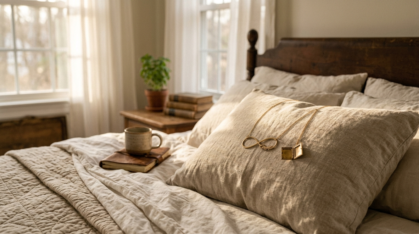 An infinity name necklace on a soft linen pillow in warm afternoon light