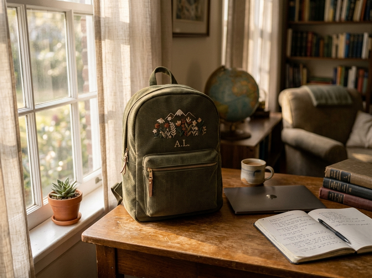 A personalized corduroy backpack on a desk near a window with morning light
