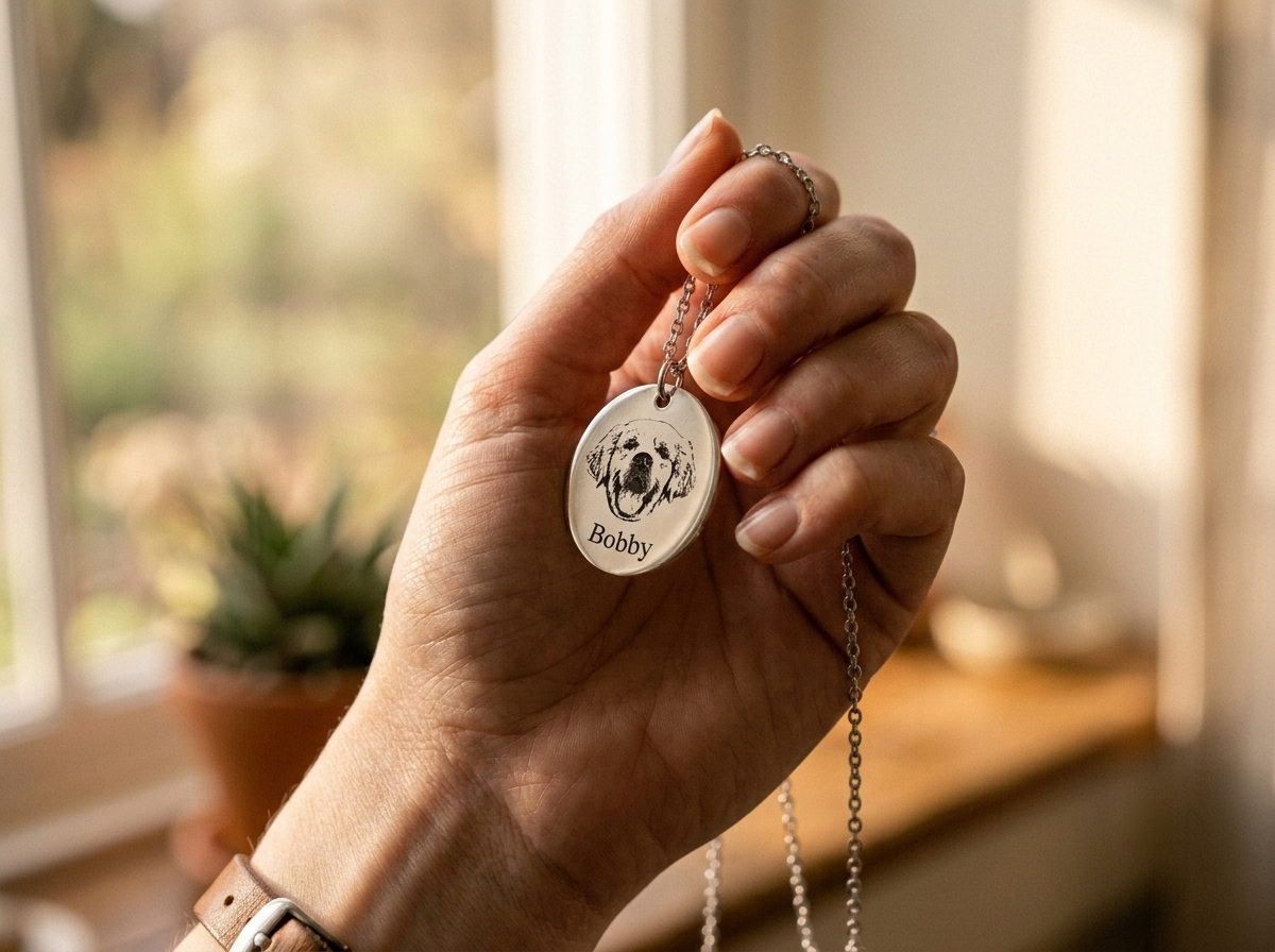 Close-up of a hand holding a pet photo pendant in soft window light