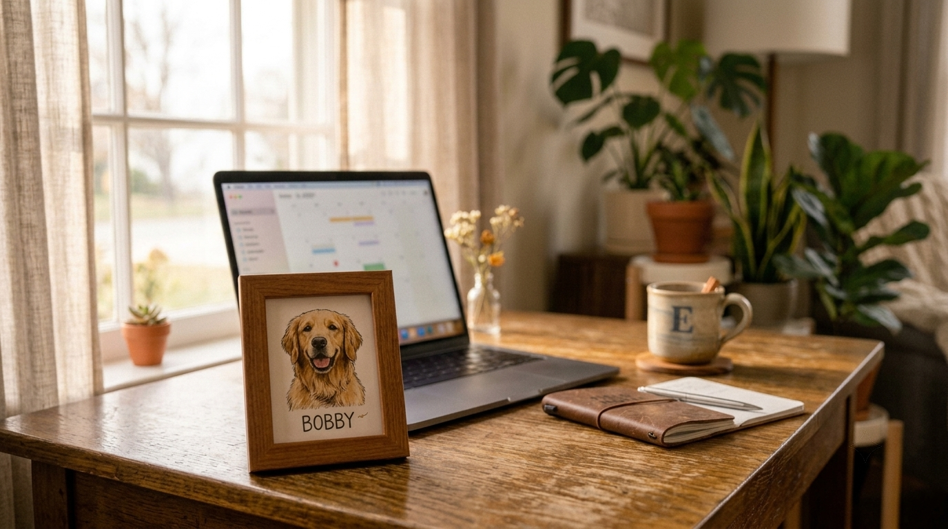 Close-up of a personalized photo frame on a home office desk