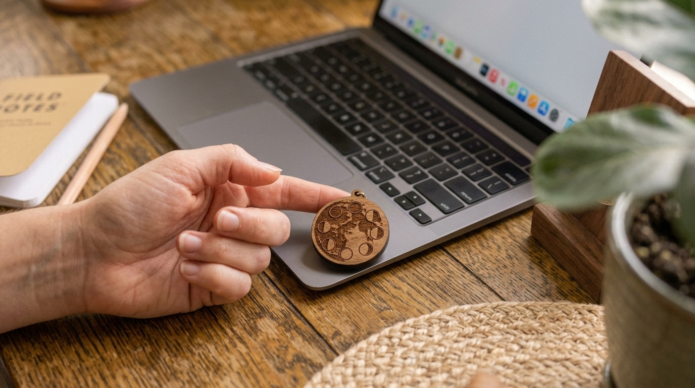 Close-up of a wooden moon phase pendant on a desk beside a laptop
