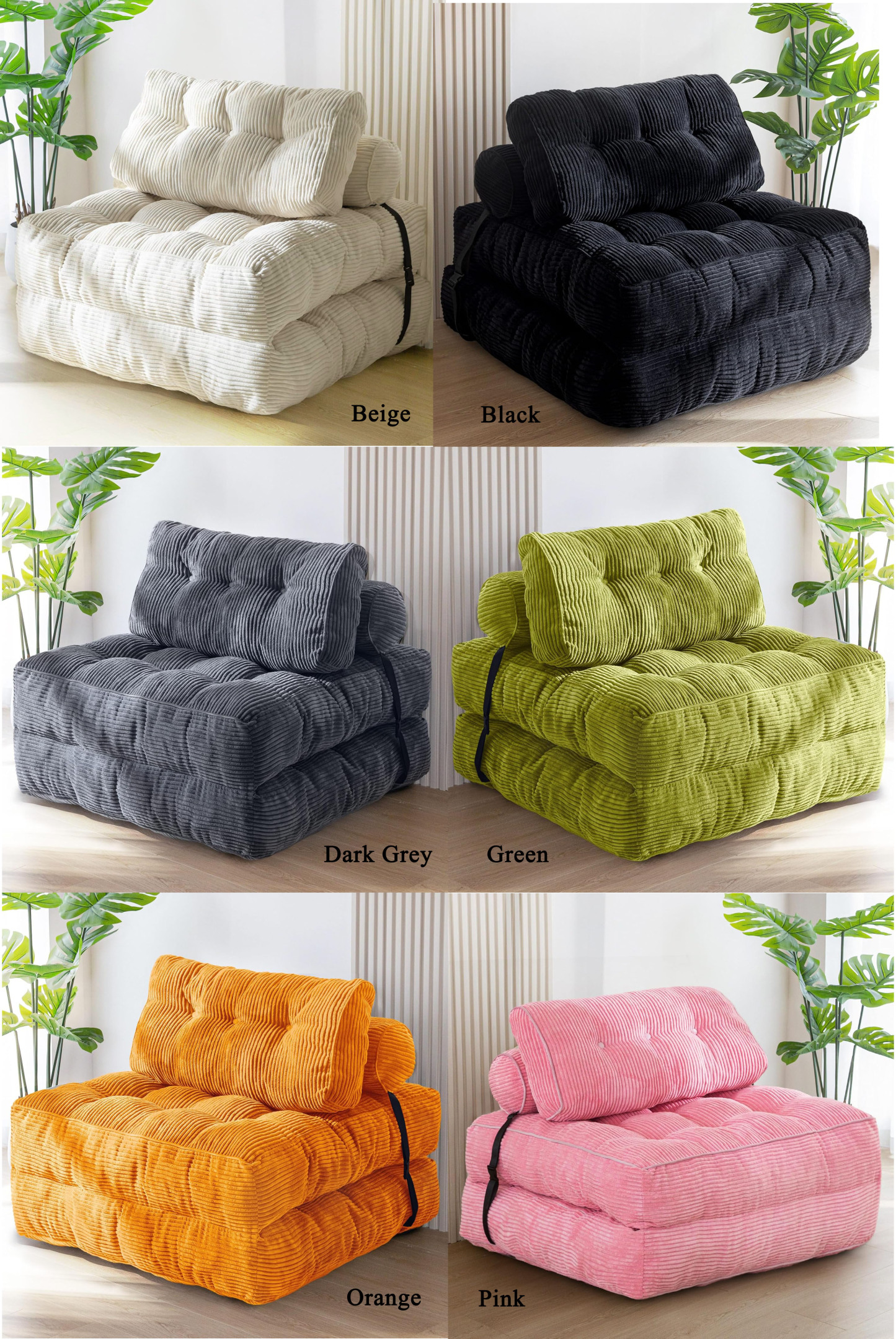 Folding Sofa Bed Convertible Sleeper Chair with Foldable Matress with Back Support Portable Fold Out Chair Bed Comfy Floor Sofa Lounge for Living Room Bedroom Single Beige/Black/Dark Grey/Green/Orange/Pink