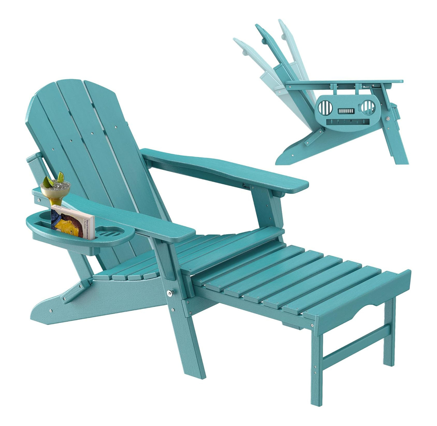 Adirondack Chair Set of 2 Adjustable & Retractable Ottoman  HDPE Folding Adirondack Chair with Cup Holder Outdoor Chairs few Steps Easy Installation,Widely Used in Outdoor, Patio, Lawn, Fire Pit, Deck, Outside, Chairs