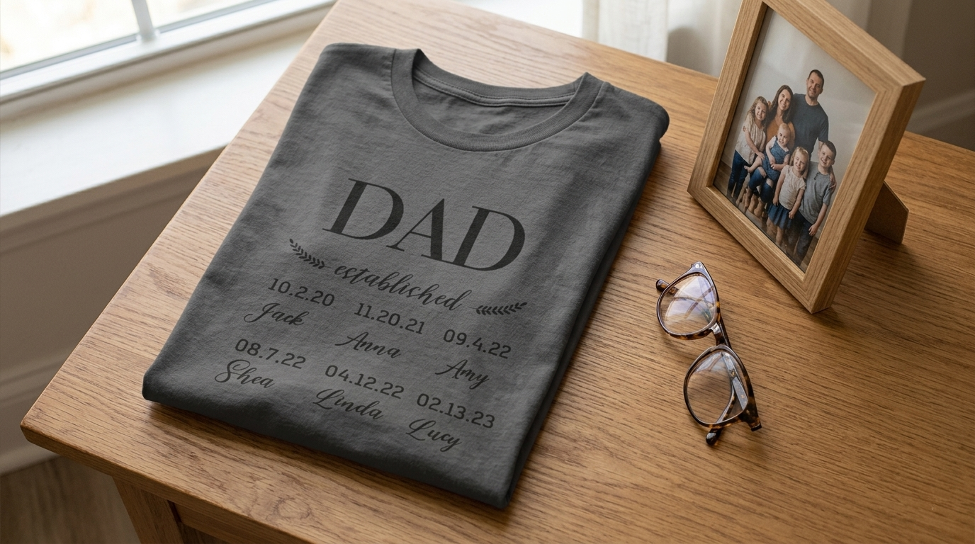 A folded dark t-shirt on a wooden table with reading glasses and a family photo