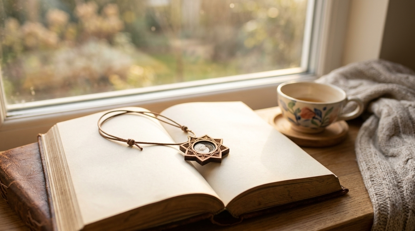 A moon phase pendant resting on an open book in soft morning light