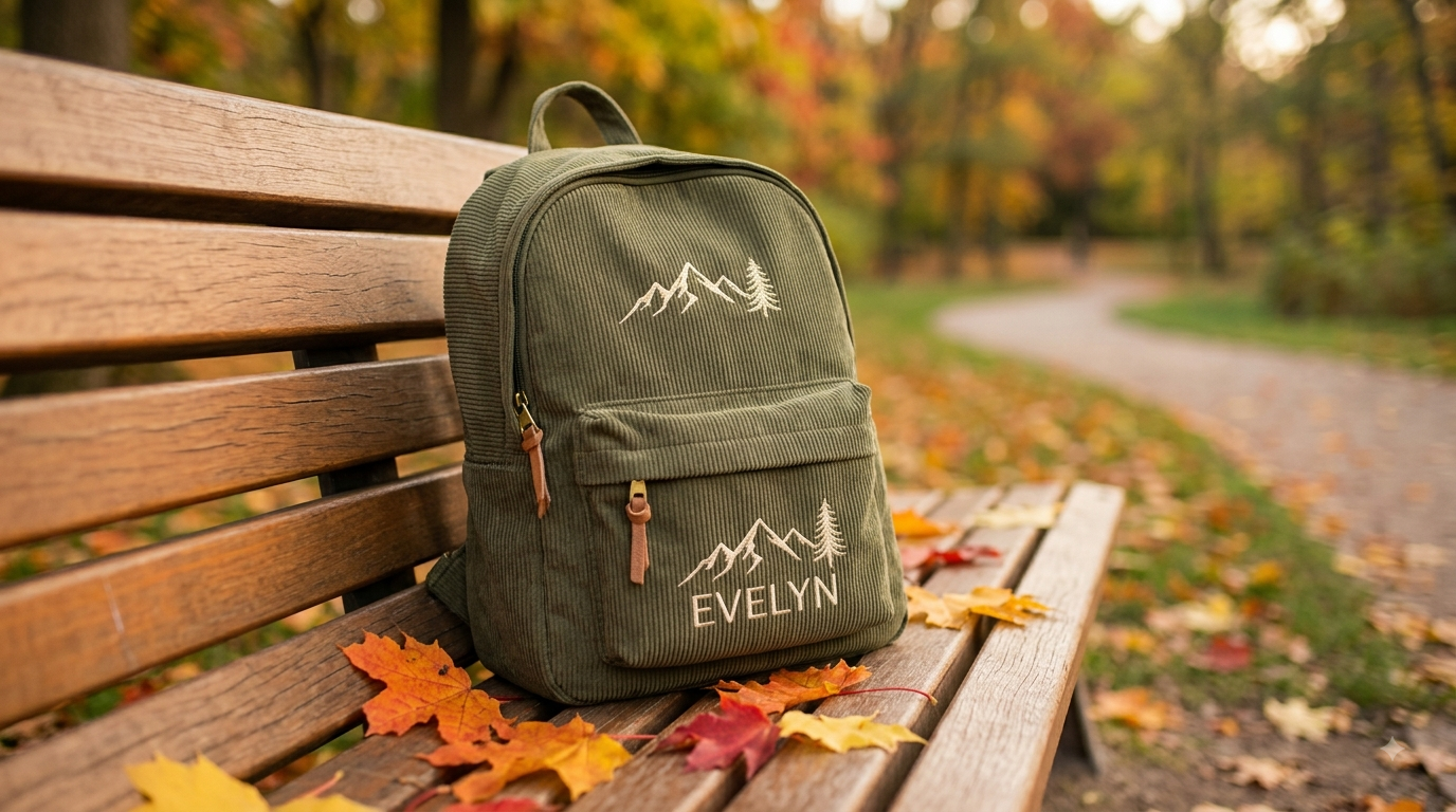 A custom embroidered corduroy backpack on a park bench in autumn light
