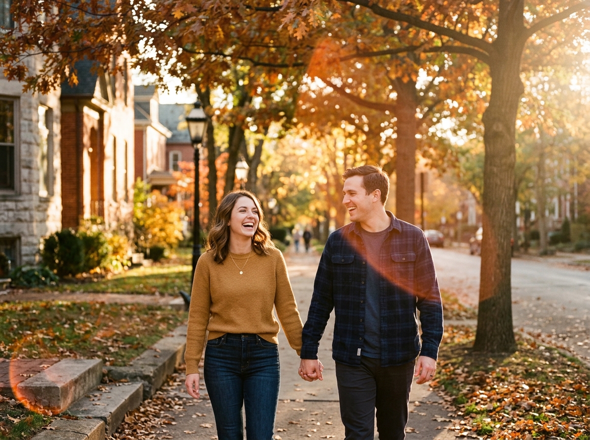 A couple walking hand in hand at golden hour, one wearing a personalized necklace