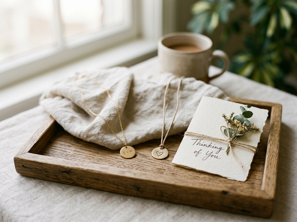 A collection of personalized gifts arranged on a wooden tray in soft morning light
