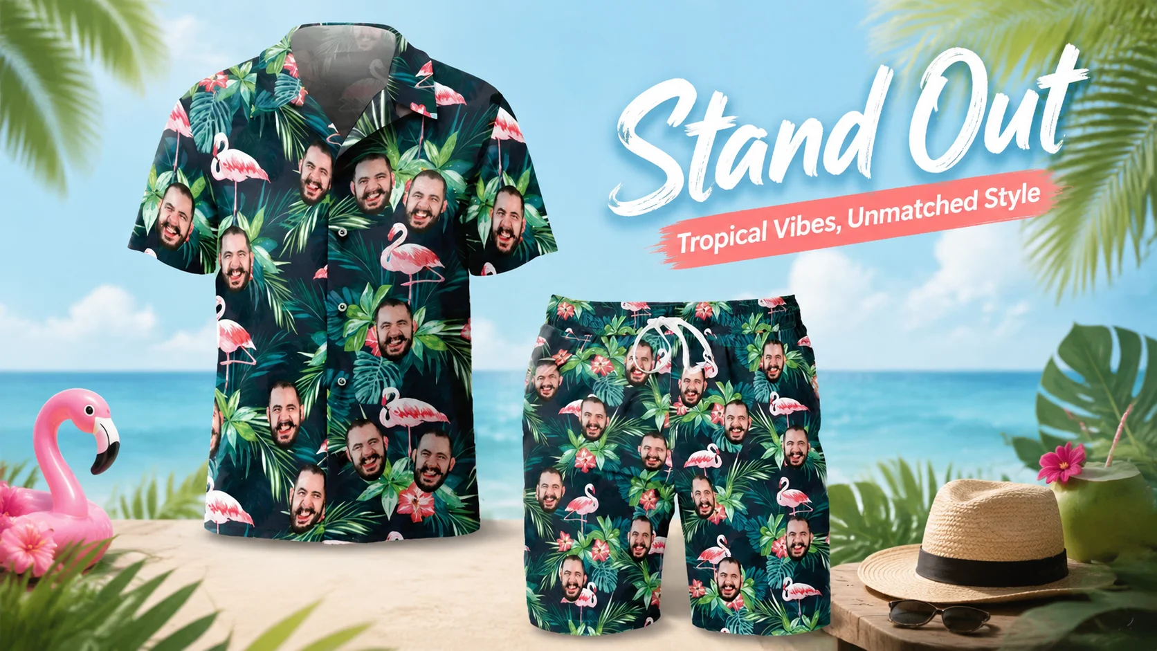 A matching Hawaiian shirt and beach shorts set laid flat, both printed with the same flamingo, flower, and custom face pattern