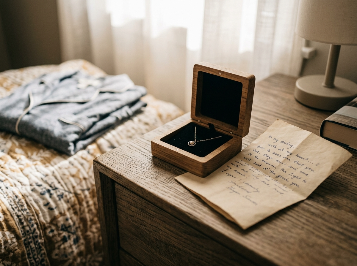 A pendant necklace resting in an open jewelry box in soft morning light