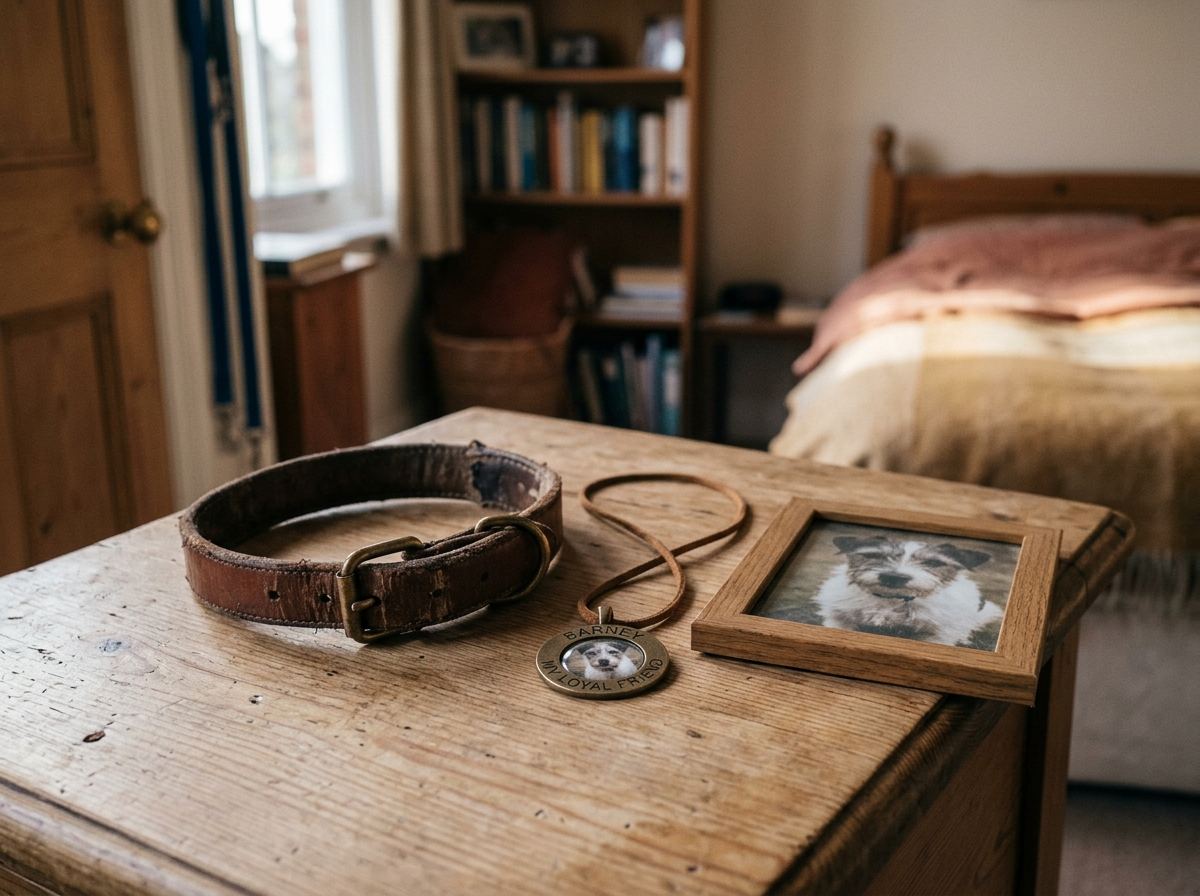 A memorial pendant necklace resting beside an old pet collar and a photograph