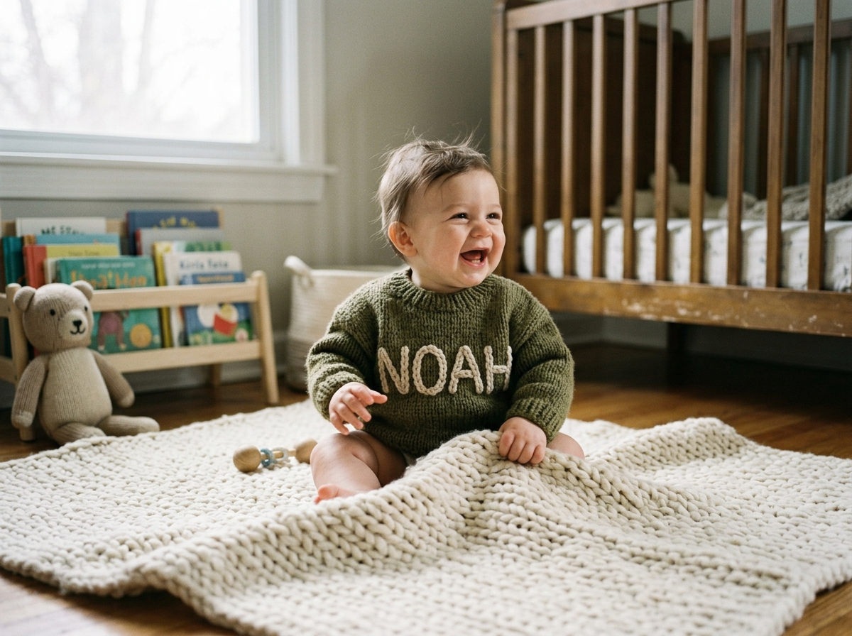 A baby sitting on a blanket wearing a hand-knit sweater with their name visible