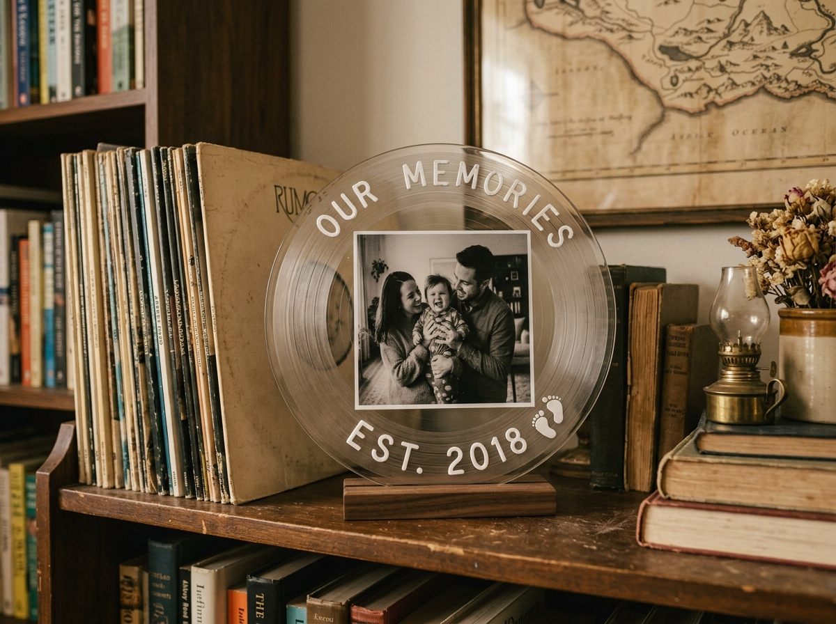 A vinyl-record-style acrylic plaque displayed on a bookshelf next to old records