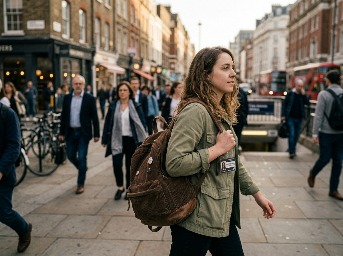 A person walking down a city street carrying a corduroy backpack during their commute