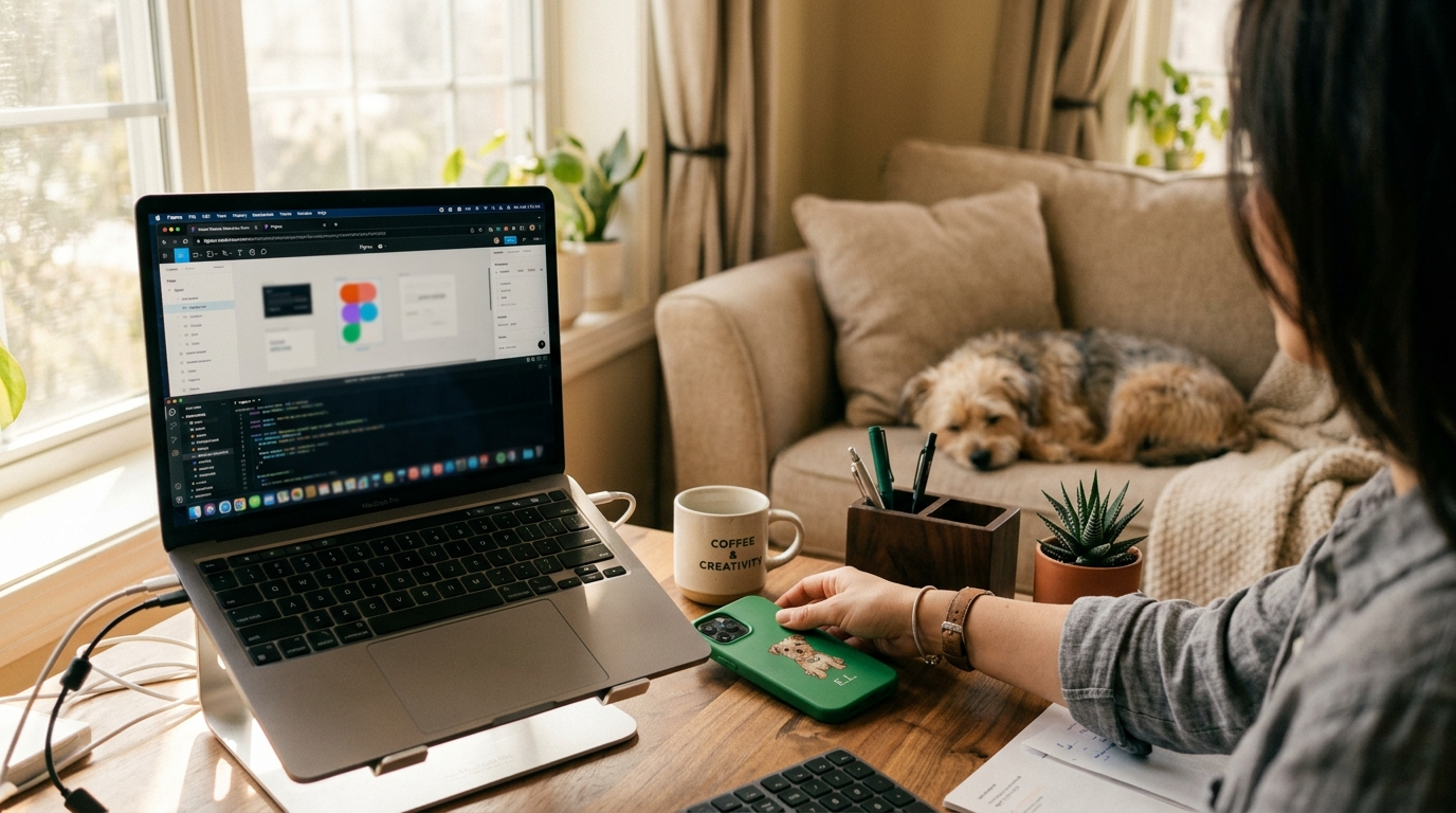 Personalized pet phone case placed on a home office desk with a dog resting nearby