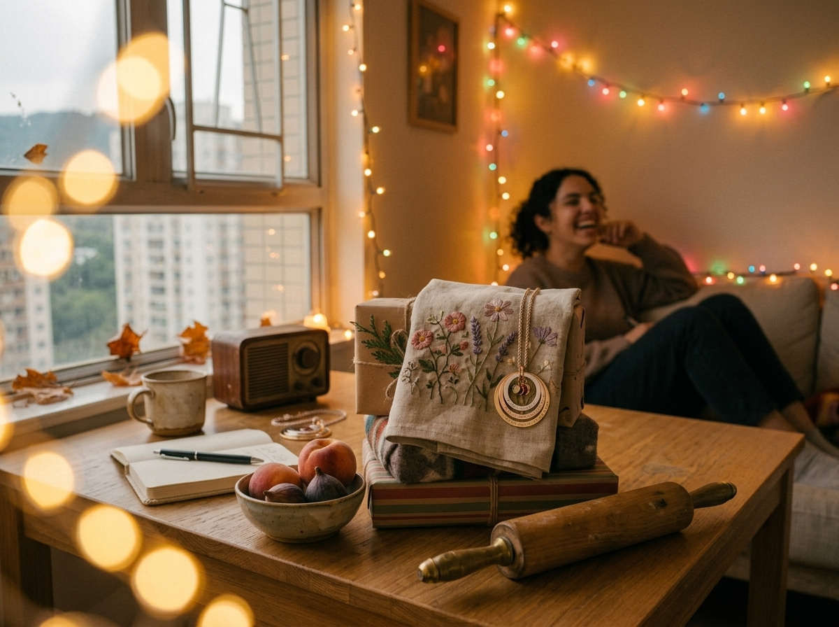 A hand-embroidered floral apron hanging on a kitchen hook in warm morning light
