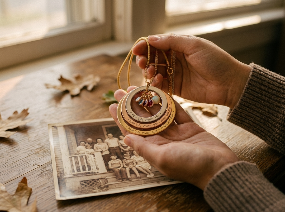 A hand holding an engraved photo pendant necklace above an old family photograph