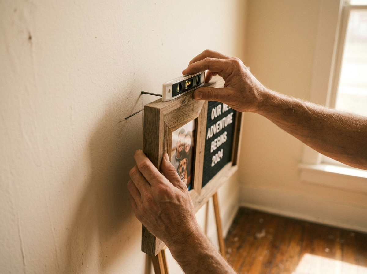 Hands hanging a small personalized frame on a wall with a level nearby