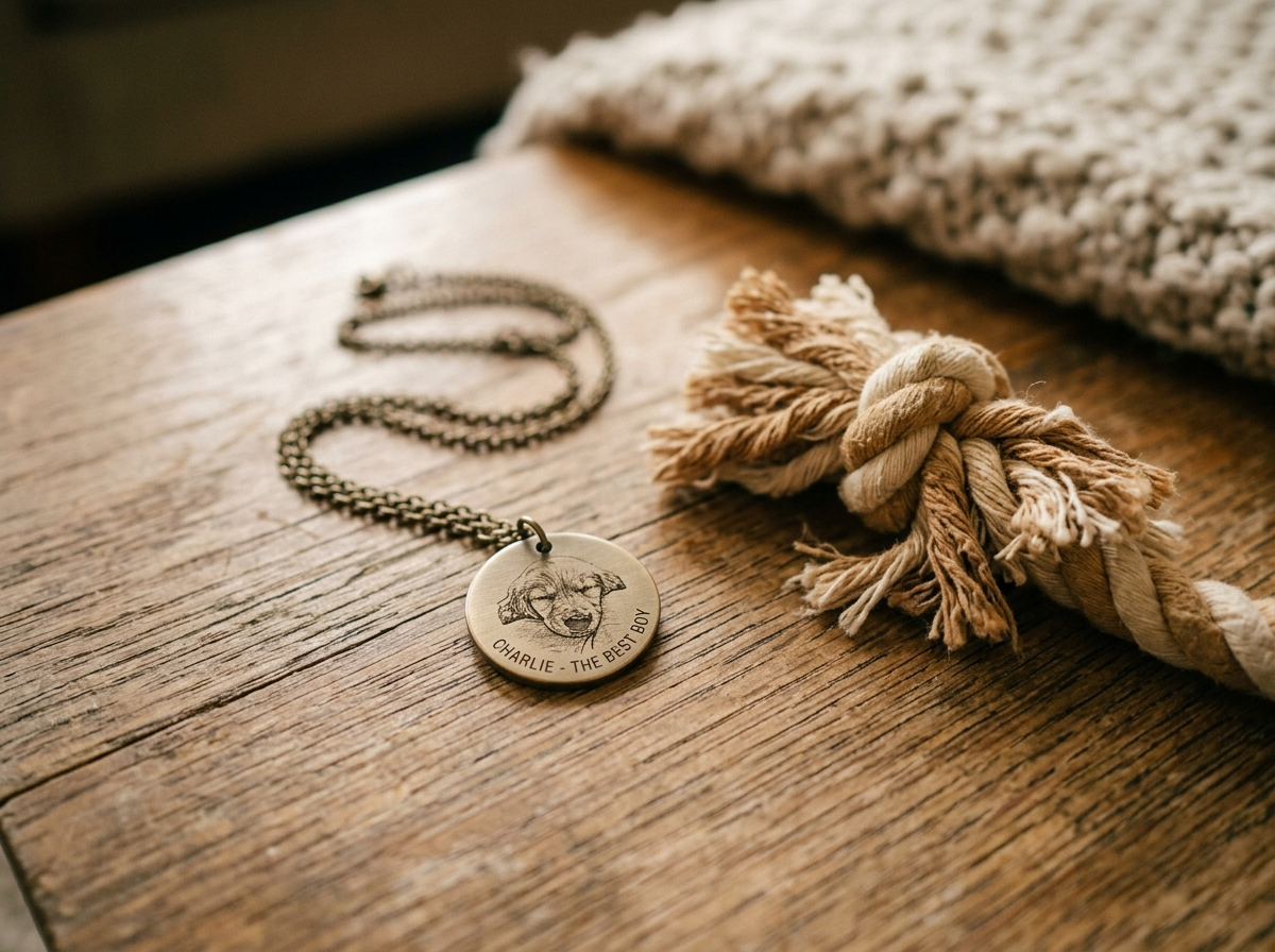  An engraved pet photo pendant necklace resting on a table next to a puppy's chew toy
