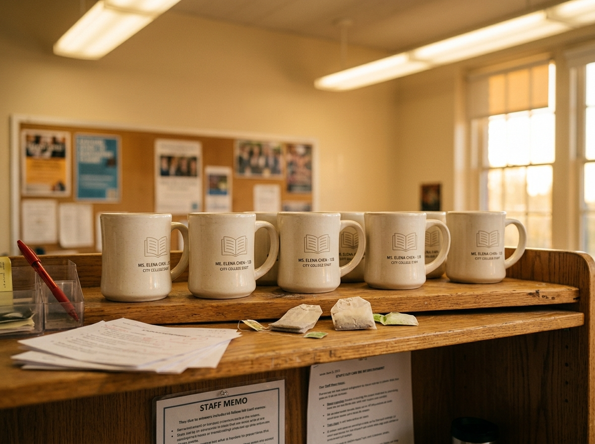 A staff room shelf lined with several identical teacher mugs