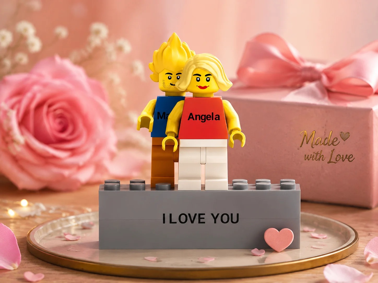 Two custom minifigs, one in a blue shirt and one in a red shirt printed "Angela," standing on a gray base engraved "I LOVE YOU" against a pink rose background