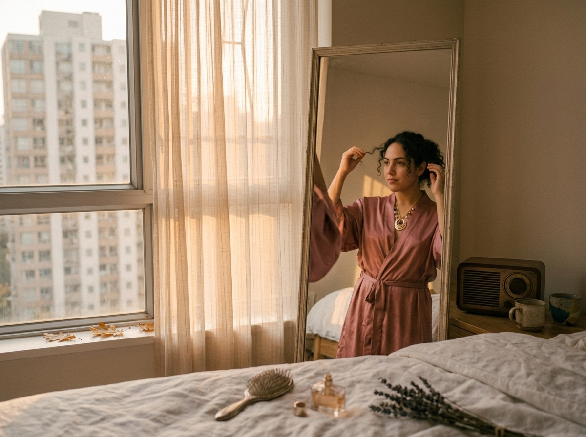 A woman in a robe getting ready in front of a mirror in soft morning light