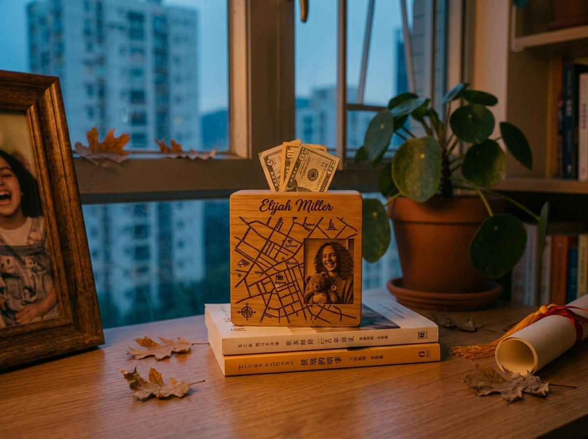 A small engraved wooden money box on a desk with folded bills tucked inside