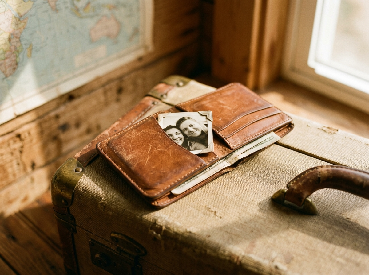 A close-up of a folded leather wallet with a small photo visible inside, resting on a suitcase