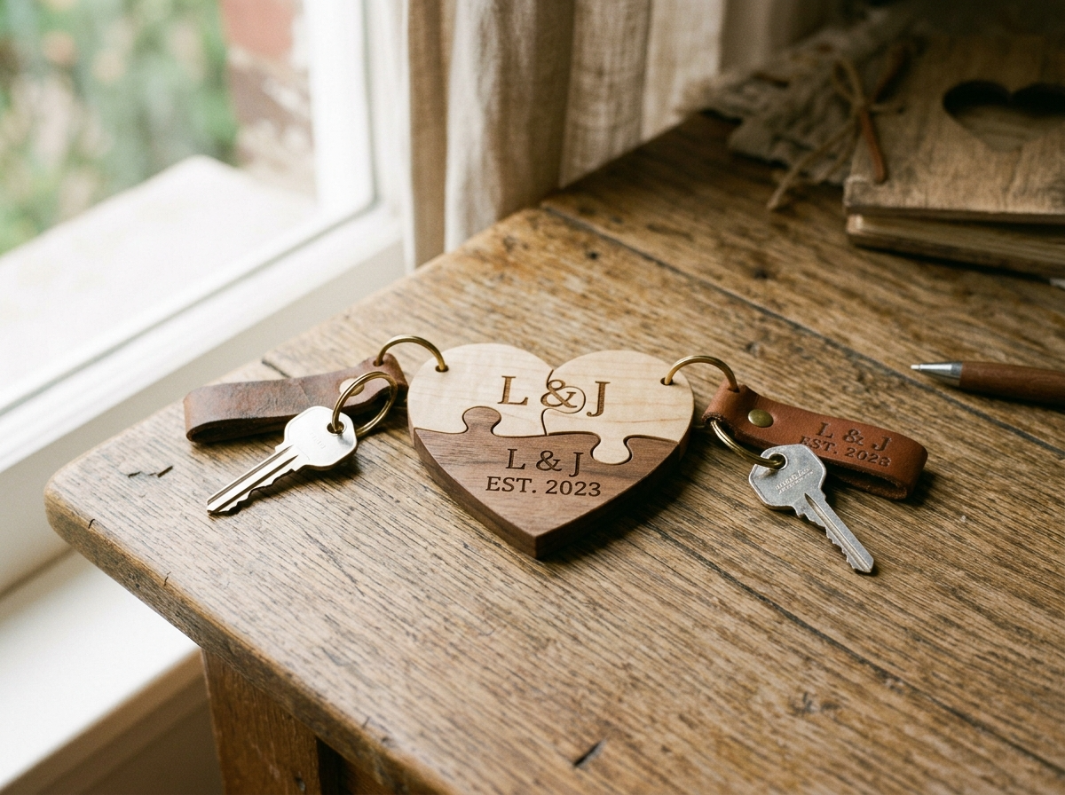Two interlocking puzzle-piece keychains fitted together, with engraved text visible on each half