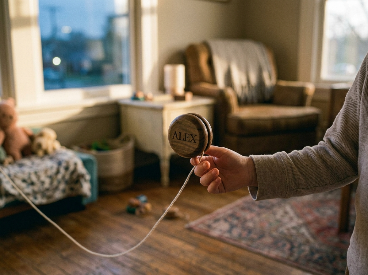 A child's hand holding a wooden yoyo engraved with a name, mid-trick in a living room