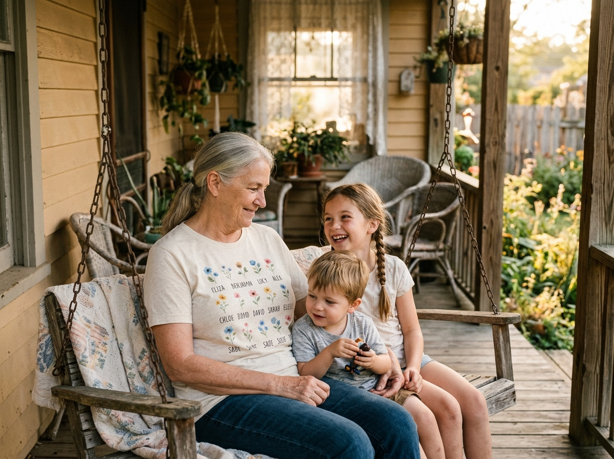 A grandmother wearing a t-shirt printed with birth flowers and her grandchildren's names, sitting on a porch swing