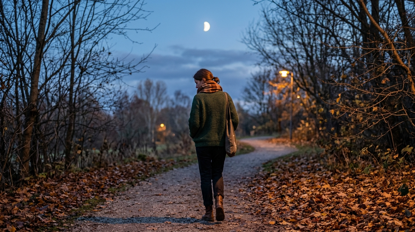 A person in a sweater on an autumn evening walk under the moon along a leaf-covered path