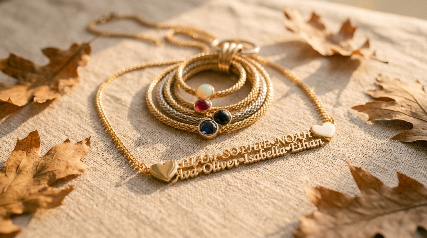 A delicate gold name necklace with two love hearts on linen, warm light, intimate detail