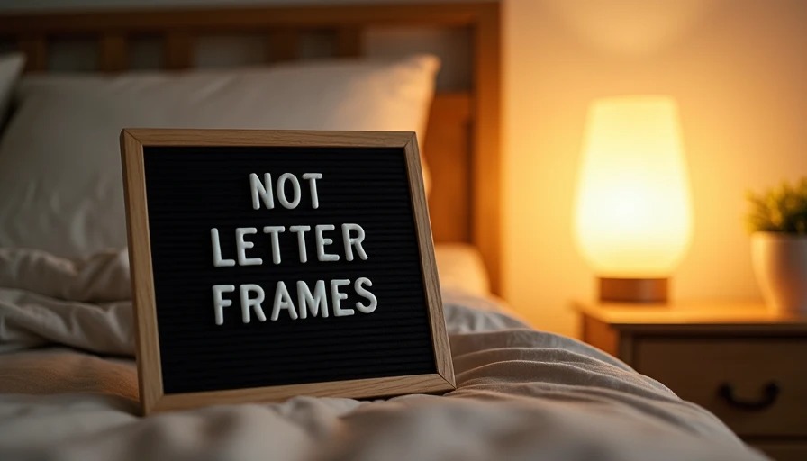 A personalized photo frame with a letter board caption on a bedside table in warm lamp light