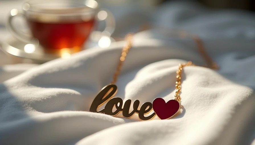 A name necklace with love hearts on a linen duvet in soft morning light, cup of tea in background