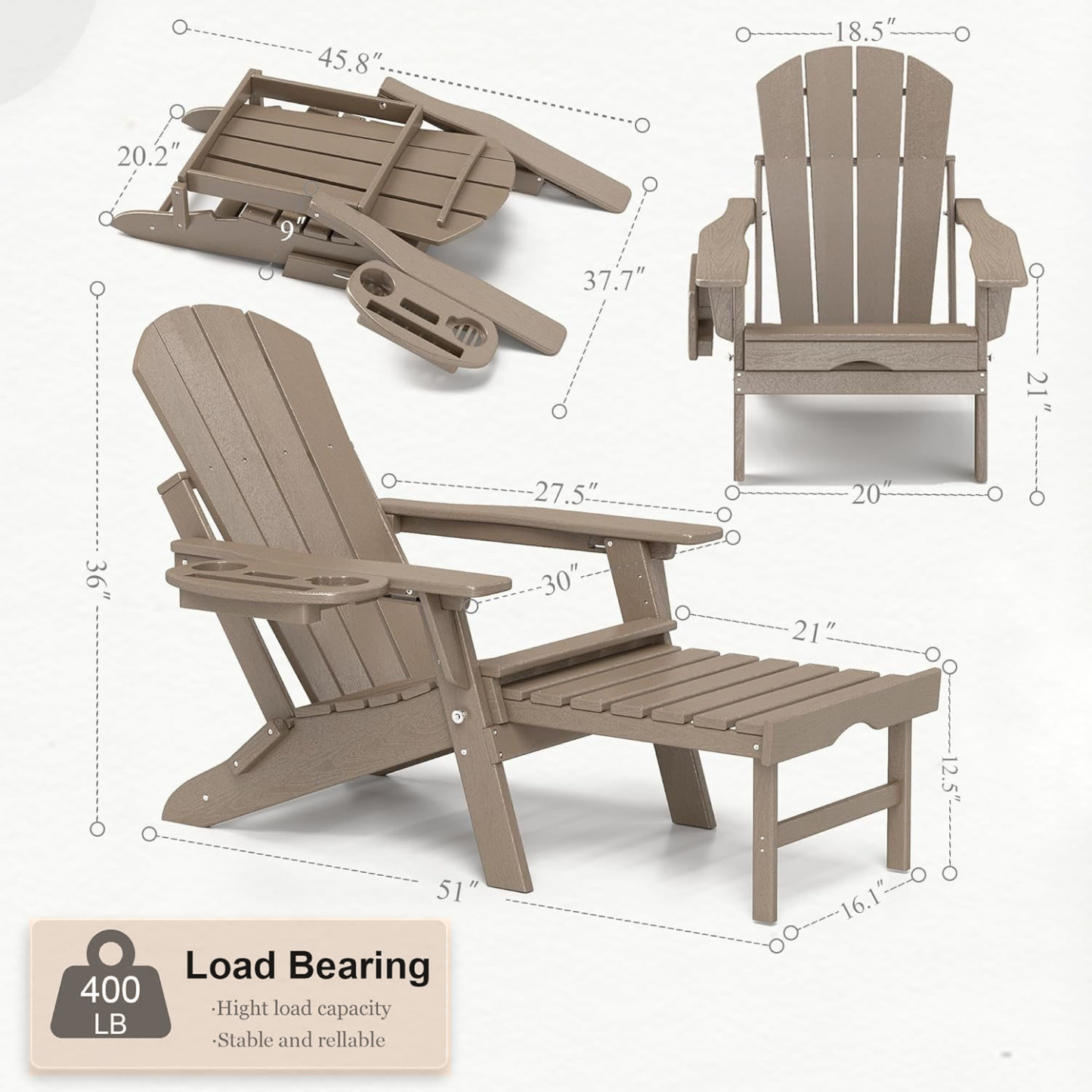 Adirondack Chair Set of 2 Adjustable & Retractable Ottoman  HDPE Folding Adirondack Chair with Cup Holder Outdoor Chairs few Steps Easy Installation,Widely Used in Outdoor, Patio, Lawn, Fire Pit, Deck, Outside, Chairs