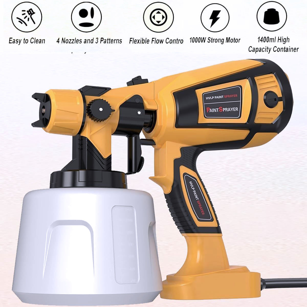 Paint Sprayer 1000W High Power Electric Spray Paint Gun Adjustable Spray Width Knob 1400ML Container 4 Nozzles & 3 Patterns Easy to Clean, for Furniture, Cabinets, Fence, Walls, Door, Garden Chairs etc