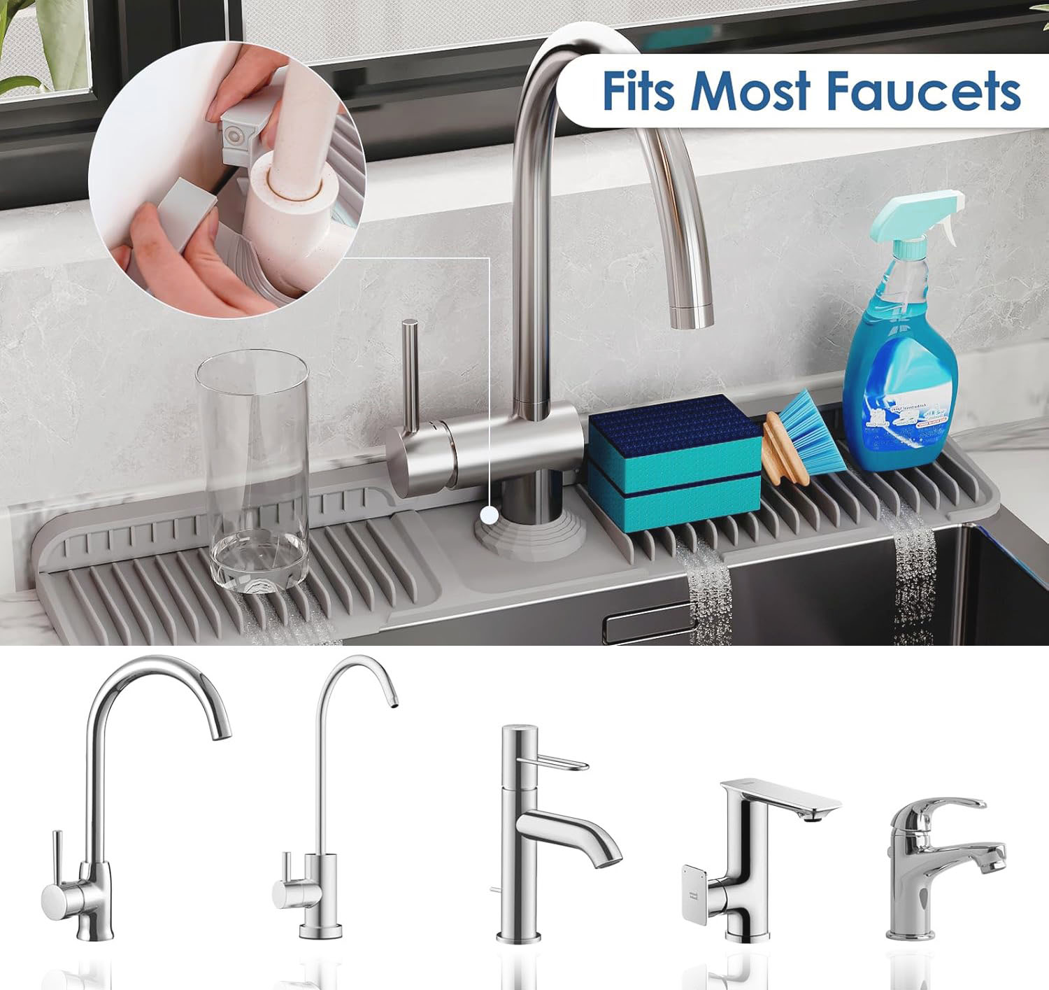 3 size Silicone Faucet Mat for Kitchen Sink Splash Guard Behind Faucet 7°Slope Sink Water Splash Guard Draining Mat for Kitchen Sink Area Faucet Mat for Bathroom Sink with Fasten Button