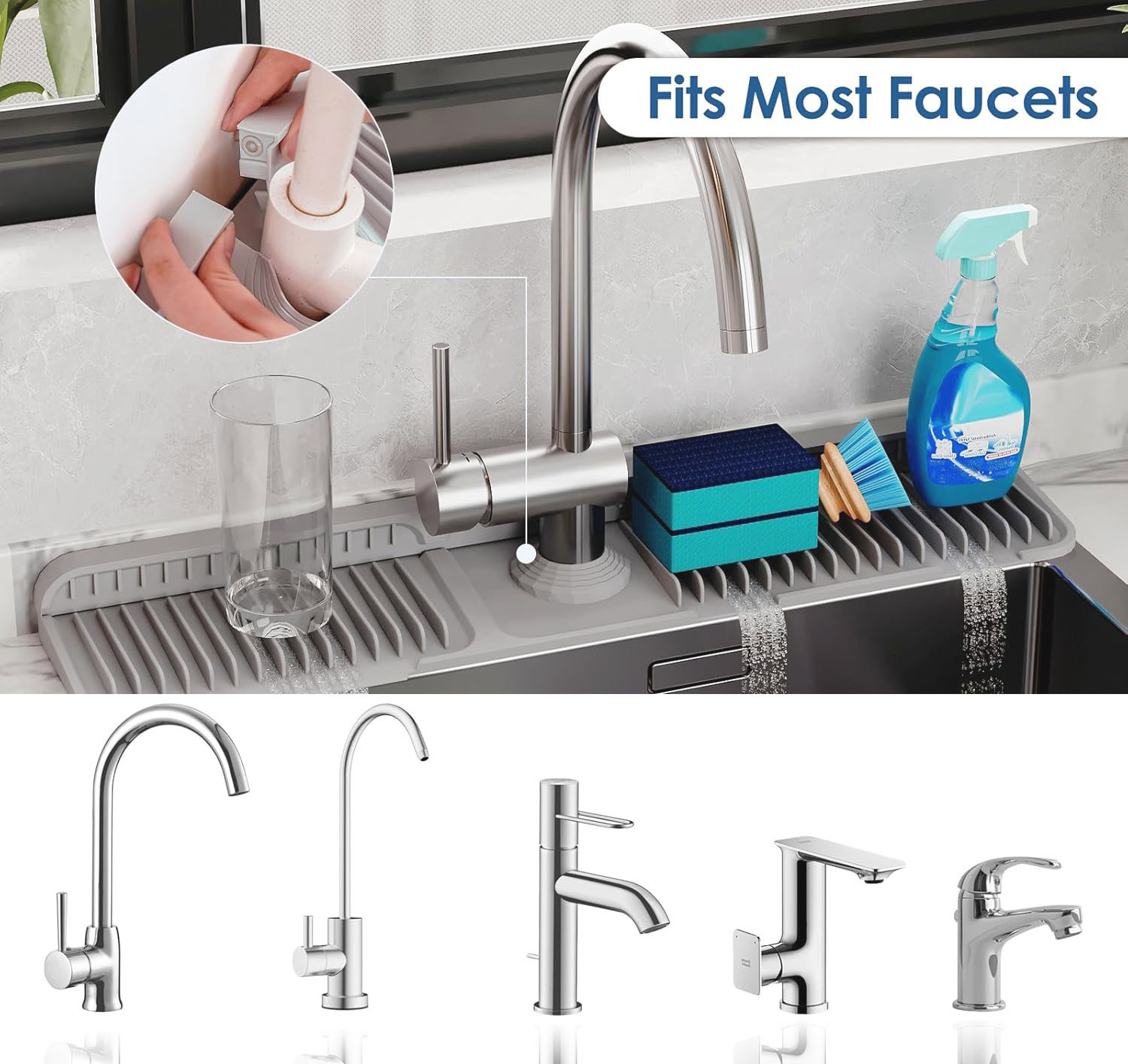 3 size Silicone Faucet Mat for Kitchen Sink Splash Guard Behind Faucet 7°Slope Sink Water Splash Guard Draining Mat for Kitchen Sink Area Faucet Mat for Bathroom Sink with Fasten Button