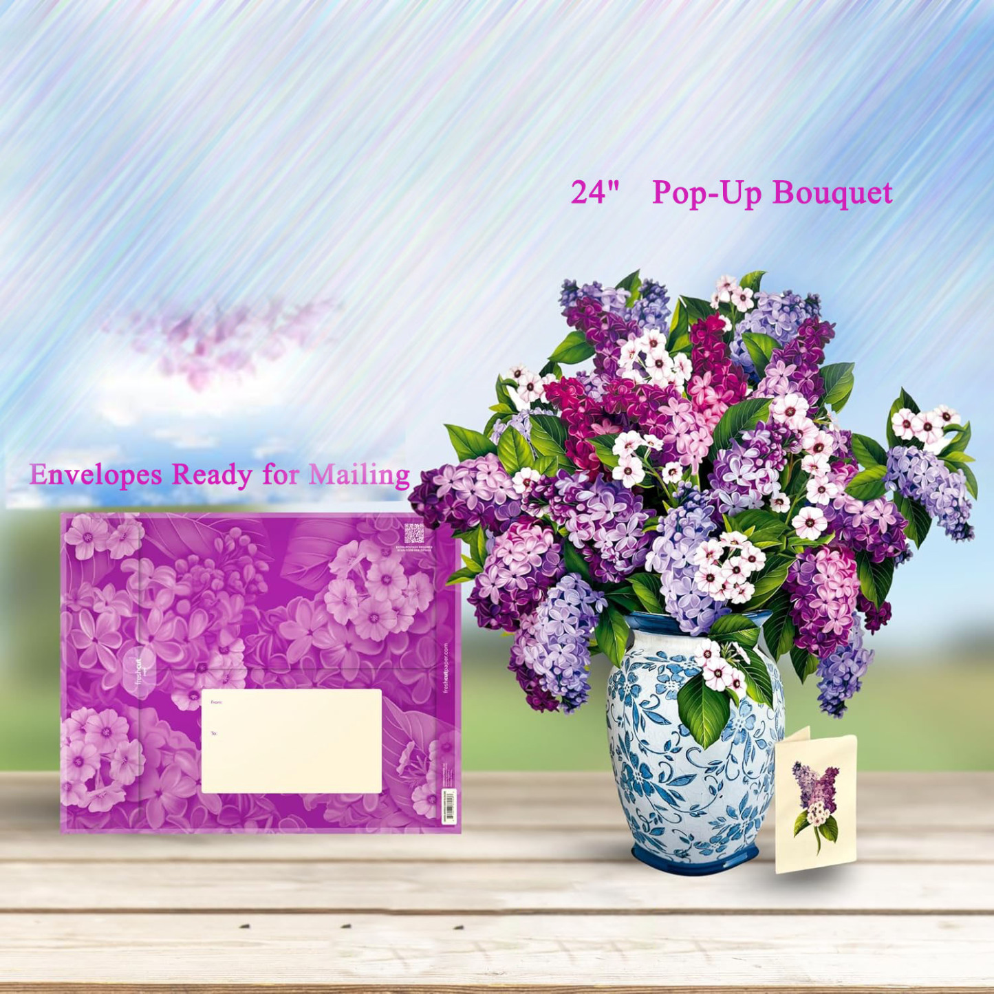 Paper Pop Up Cards Garden Lilacs 18 Inch Life Sized Forever Flower Bouquet 3D Popup Greeting Card Birthday Cards Thank You Card Blank Notecard & Envelope