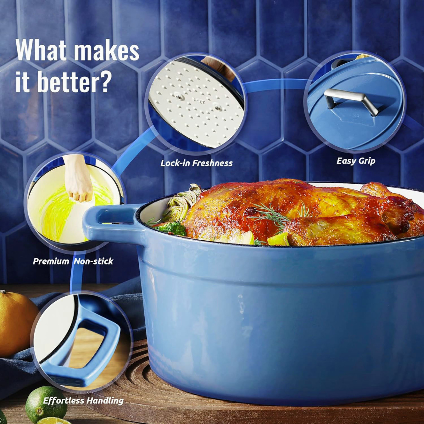 Cast Iron Oven Pot with Lid Enameled Oven for Bread Baking Dual Handles Heavy-Duty Cast Iron Pot 5QT Blue