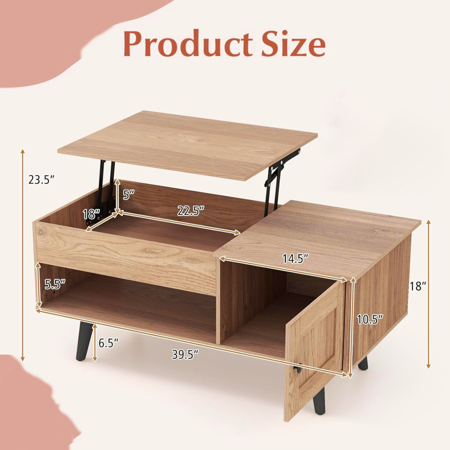 Lift Top Coffee Table with Storage Living Room Table with Hidden Compartment Cabinet & Open Shelf Flip Top Center Table, Pull up Coffee Table for Home, Office  Home Small Space Natural