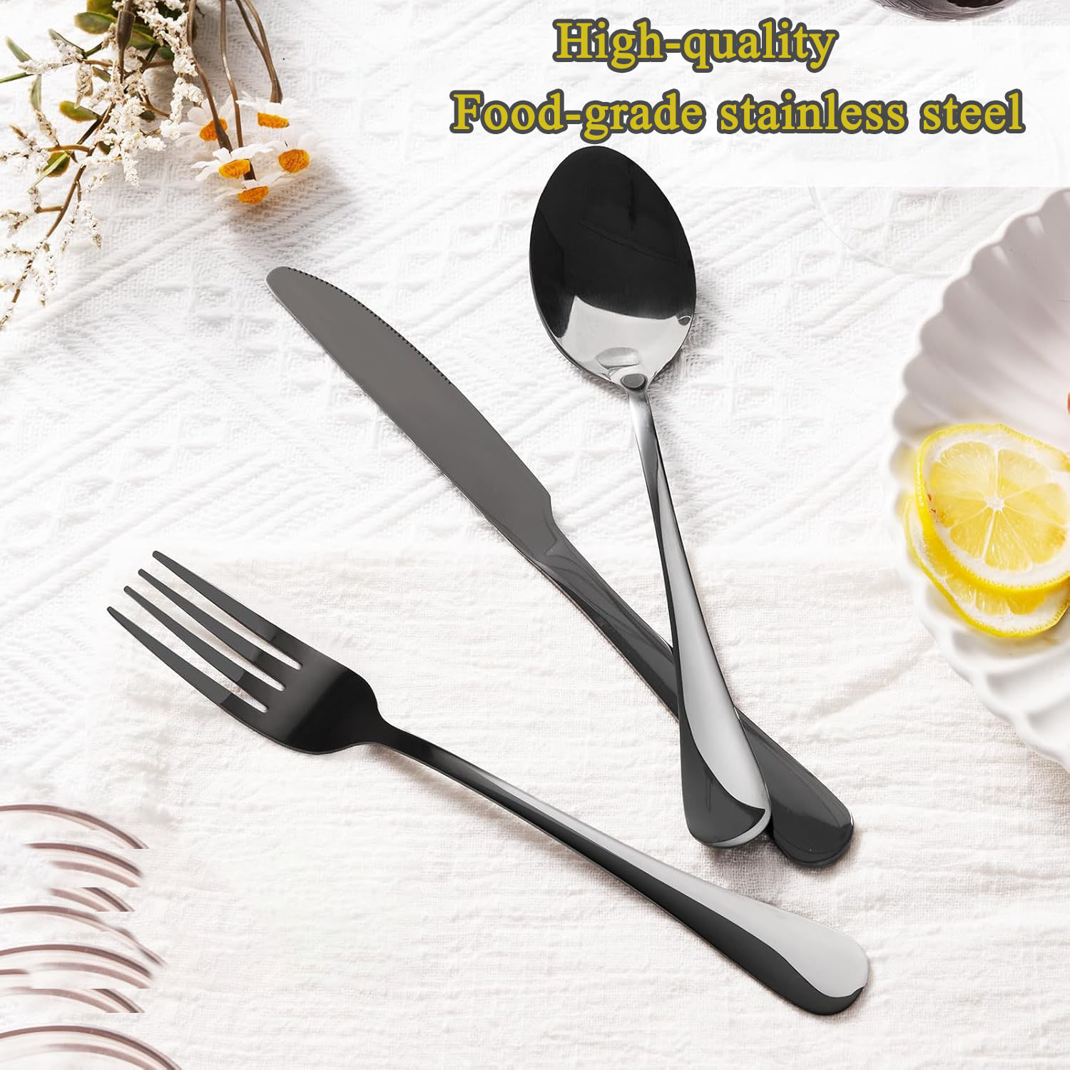 24-Piece Black Silverware Set with Steak Knives Flatware Set for 4 Food-Grade Stainless Steel Cutlery Set  Mirror Polished Utensils Set Kitchen Utensils Set Include Spoons and Forks for Home Kitchen Restaurant Utensils Set