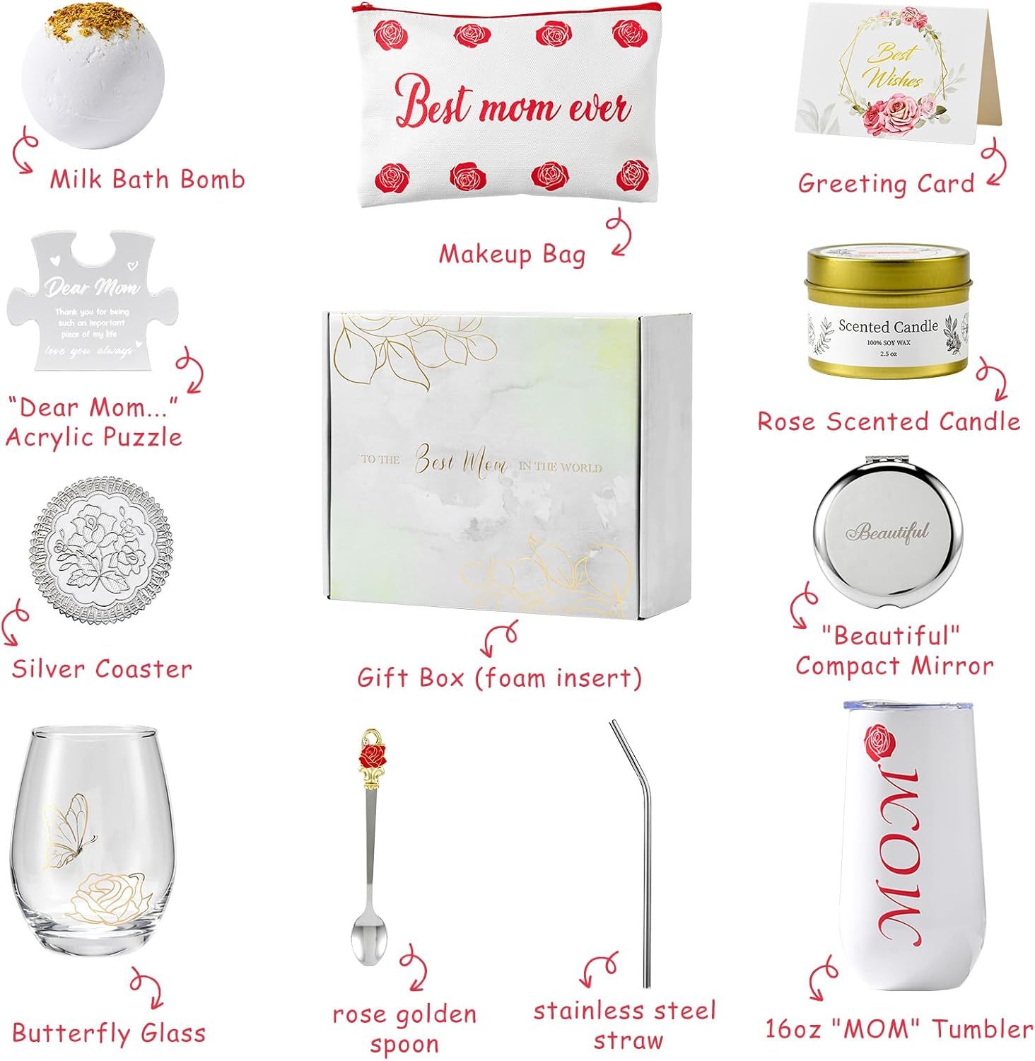 Mothers Day Gifts for Mom Elegant Rose Gift Basket for Women Unique Gifts for Mom from Daughter Son Husband Family Coffee Mug Glass Drinking Set Mother's Day Birthday