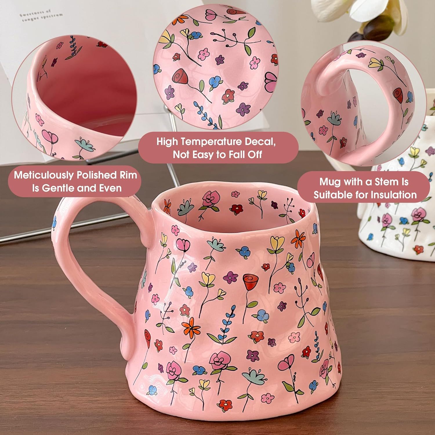 Large Ceramic Coffee Mug Cute Flower with Handmade Big Handle 20oz Girly Pink Floral Tea Cup for Gift Novelty Irregular Oversized Christmas Mugs for Latte Tea Milk Cocoa