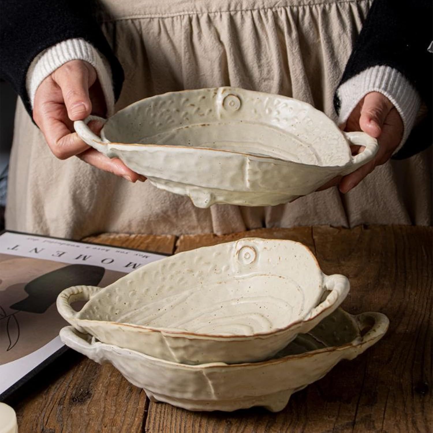 Free-Form Edge Ceramic Bowl with Handles Retro Distressed Style Glazed for Fruit Bowl,Salad Bowl Table Centerpiece Decor Handmade Ceramics