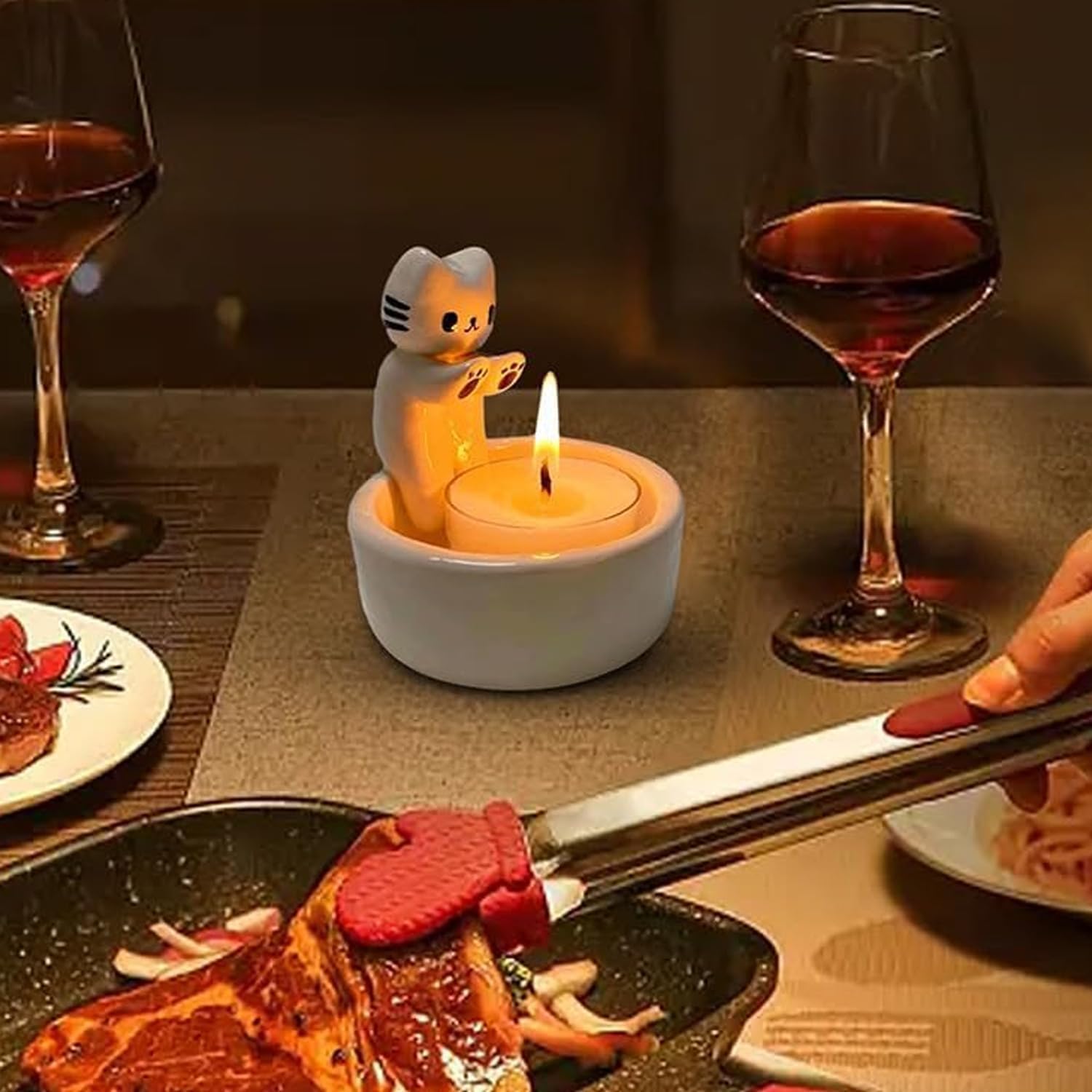 Kitten Candle Holder Handmade Ceramic Candlestick Cartoon Kitty Warming Its Paws Cute Light Holder Gift for Cat Lover Choice(Not Included Candles)