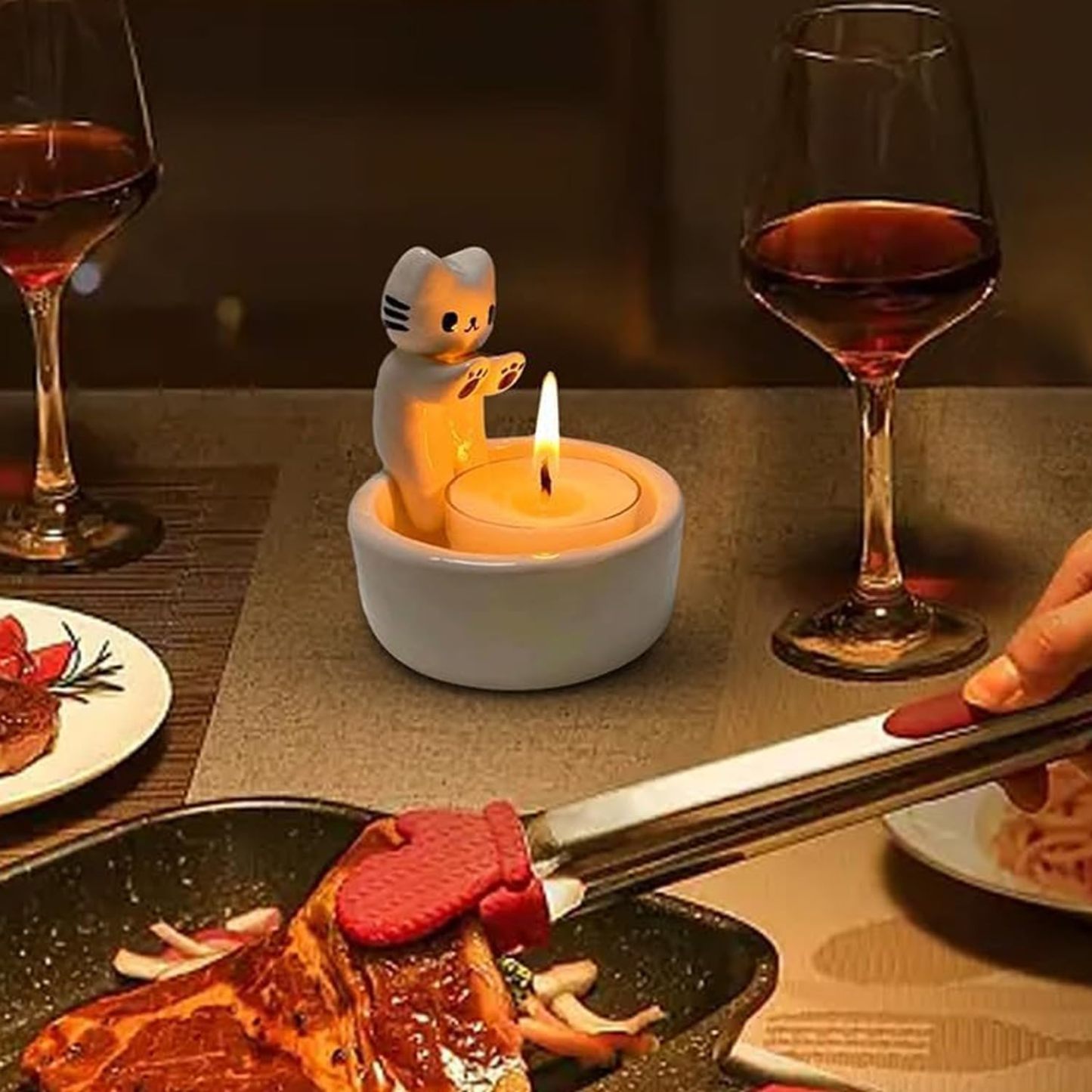 Kitten Candle Holder Handmade Ceramic Candlestick Cartoon Kitty Warming Its Paws Cute Light Holder Gift for Cat Lover Choice(Not Included Candles)