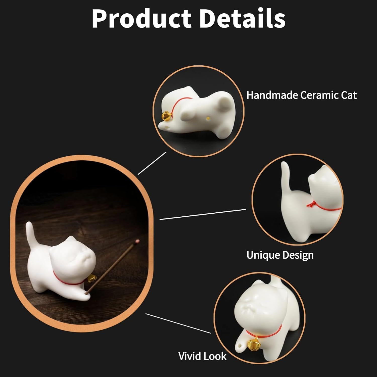 Incense Holder Handmade Ceramic Incense-Stick Holder with Sticks，Bamboo Mat and 2 Brass Incense Stands Cat Cute Insence Burner Holder for Meditation Yoga Massage Home Decor